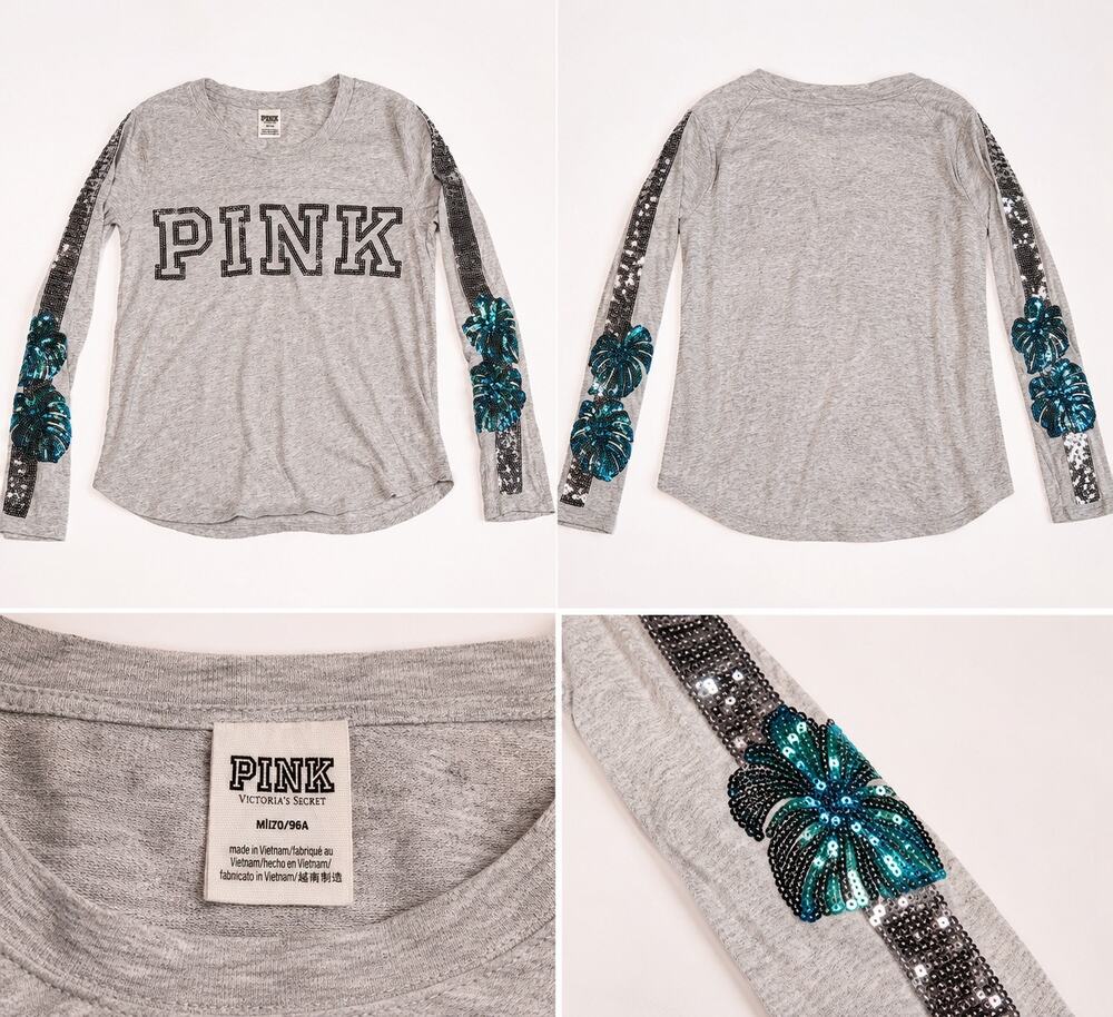PINK Victoria’s Secret Gray Long Sleeve Sequin Palm Logo Tee Women’s Medium